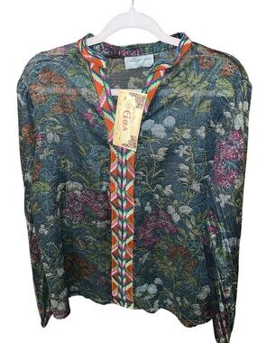 Vintage Goa Floral Tunic in Green w/Multicolor Aztec-design Trim Sz L